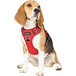 Funfox Dog Harness No Pull, Adjustable Pet Vest Harness, Super Soft Material with Vertical Handle Easy Control, Reflective Night Walking, 2 Leash Clips for Medium Sized Dogs, Red, M
