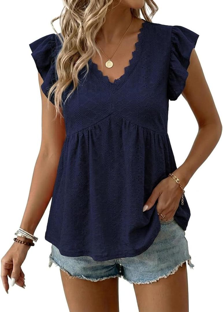 BLENCOT Women Boho Tank Top Lace V-Neck Ruffle Camisole Summer Texture Sleeveless Blouses (Medium)