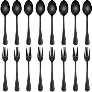 6.7 Inch Spoons And Forks Silverware Set of 16, Black Stainless Steel Salad Fork And Teaspoon Set, Small Metal Spoon And Fork Eating Utensils Set