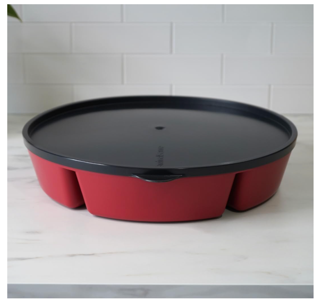 Divided Serving Tray with Lid – Snackle Box Container with Handle – Dishwasher & Microwave Safe – 6-Compartment Round Organizer for Fruits, Veggies, Candy & Nuts – Compact & Travel Friendly (10”)