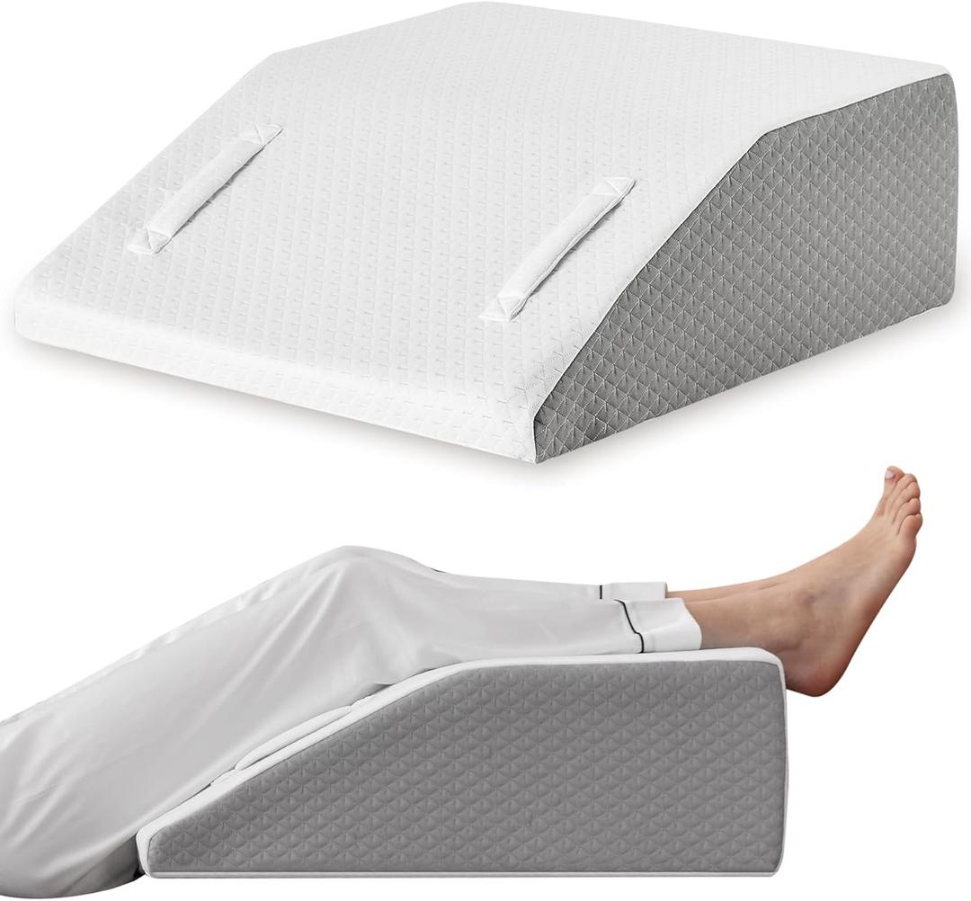 Leg Elevation Pillow for After Surgery, 8inch Foam Leg Elevating Pillow for Swelling and Blood Circulation, Leg Wedge Pillow for Sleeping, Knee Pillow for Knee Hip Ankle Pain Relief, White (Flat Top 8 Inch, White/Grey)