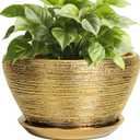 Ceramic Plant Pot Indoor - 9 Inch Planters for Outdoor Plants Decorative Plant Pot with Drainage Hole and Saucer Round Planter Modern Flower Pot Decorative for House Decor Gold