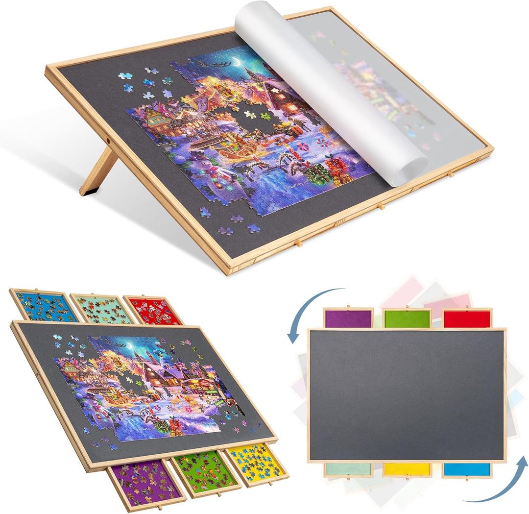Lavievert 2-in-1 Tilting & Rotating Puzzle Board with 6 Colored Drawers & Cover, Portable Jigsaw Puzzle Table for Adults, Wooden Swivel Puzzle Plateau with Non-Slip Tabletop for Up to 1500 Pieces