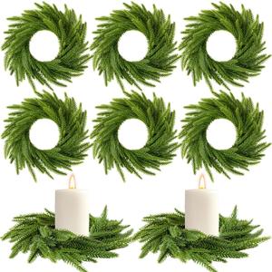 Dingion 8 Pcs Christmas Norfolk Pine Candle Ring Wreaths 6 Inch Small Christmas Wreath Garland Artificial Green Pine Ornaments Xmas Table Centerpiece for Wedding Farmhouse Home Cabinets Window Decor
