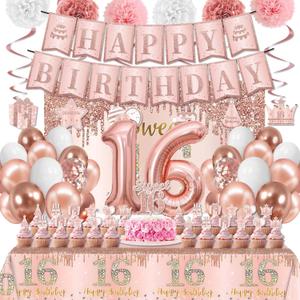 Sweet 16 Party Decorations Include Sweet 16 Banner Backdrop Cake Topper Tablecloth for 16th Birthday Decorations for Girls Sweet Sixteen Party Decorations