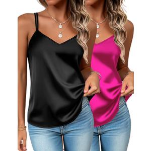 Zeagoo Silk Camisole Tops for Women 2026 V Neck Satin Tank Top Spaghetti Strap Cross Back Sleeveless Summer Blouses, Medium (2 Pack: Black+Rose Red)