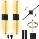 Battery Operated Wall Sconce Set of 2 Rechargeable Wireless Cordless 12000ma 360 Rotation Large Wall Lights lamp Modern Decor Linear Long Metal Black 28"