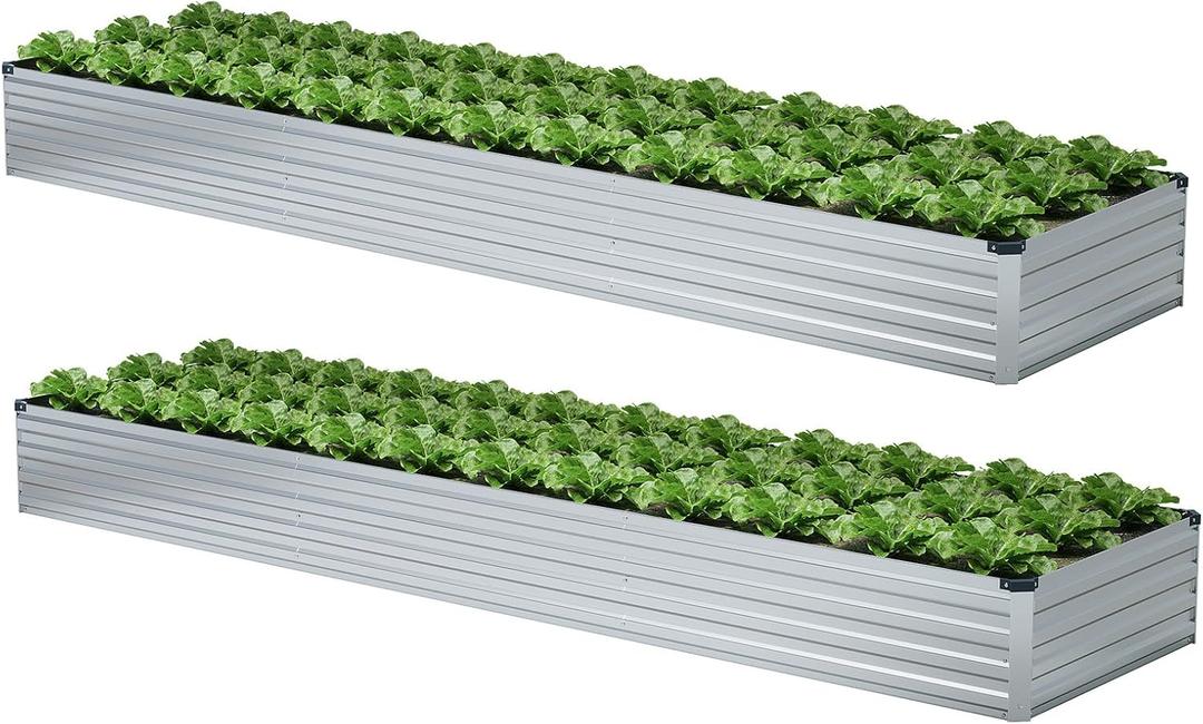 2 Pack 12x4x1FT Galvanized Raised Garden Bed Kit, Outdoor Metal Planter Box for Vegetables, Bottomless Rectangular Gardening Bed with Support Rods, Tool-Free Assembly, Silver