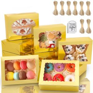 KPOSIYA 65 PCS 8x6x2.5 Inch Cookie Boxes with Window Gold Bakery Boxes Pastry Boxes for Gift Giving, Treat, Dessert, Cupcakes, Chocolate, Strawberries, Donuts, Muffins (5 Style Windows)