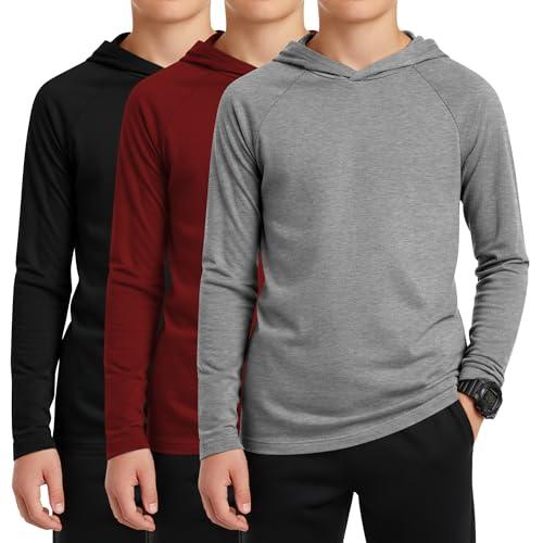 LessonZoo 3 Pack Boys Hoodies Kids Long Sleeve Athletic Workout Cotton Blend Sweatshirts Casual Pullover Shirts(ages 6-18)(Light Gray, Wine Red, Black,Large)