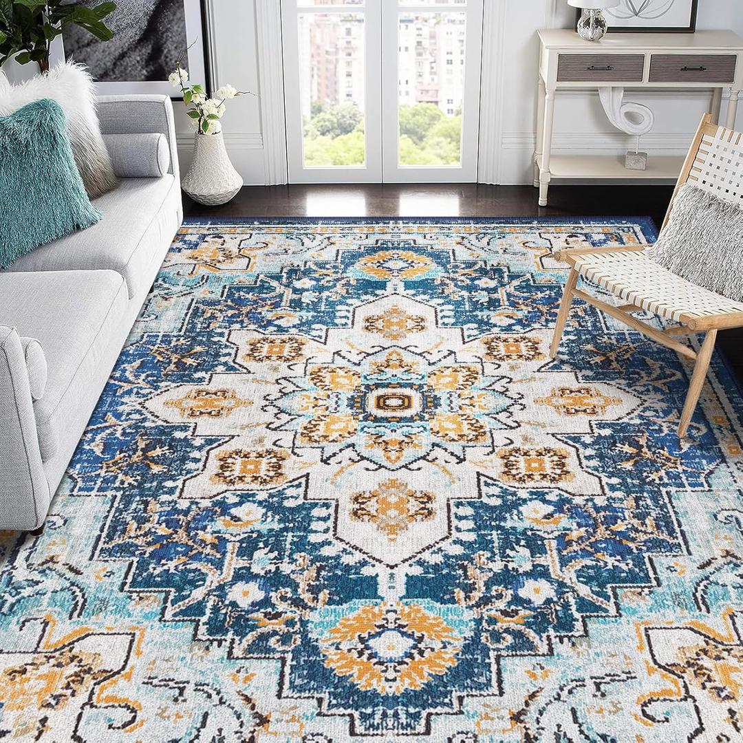 Smiry 9x12 Area Rugs for Living Room, Boho Chic Style Printed Rugs, Low Pile, Non-Shedding, Easy Care, Machine Washable Lightweight Floor Carpets Rugs for Bedroom, Dining Room, Home Office, Blue