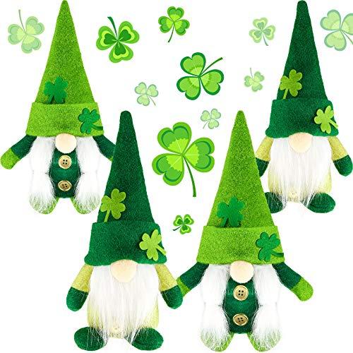 Skylety 4 Pcs St Patricks Day Decorations Plush Gnomes Set, Green Shamrock Trefoil Hat Scandinavian Gnome Dwarf Figurines, St Pattys Home Decor Accessories for Table Tiered Tray Mantel Shelf