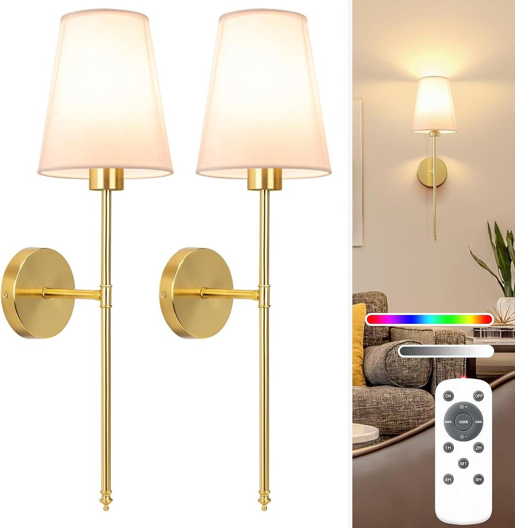 NIORSUN 25.4 inch Battery Operated Wall Sconce Set of 2,Gold Rechargeable Wall Lights with 5200mAh Dimmable Detachable Bulbs and Remote,9 Colors Wireless Sconces for Bedroom Living Room Hallway