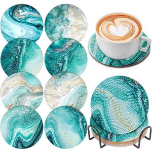 8 Pcs Ocean Diamond Art Painting Coasters with Holder, DIY Ocean Diamond Crafts Coasters for Adults, Diamond Art Painting Kits for Women, Beginners, Diamond Craft Supplies