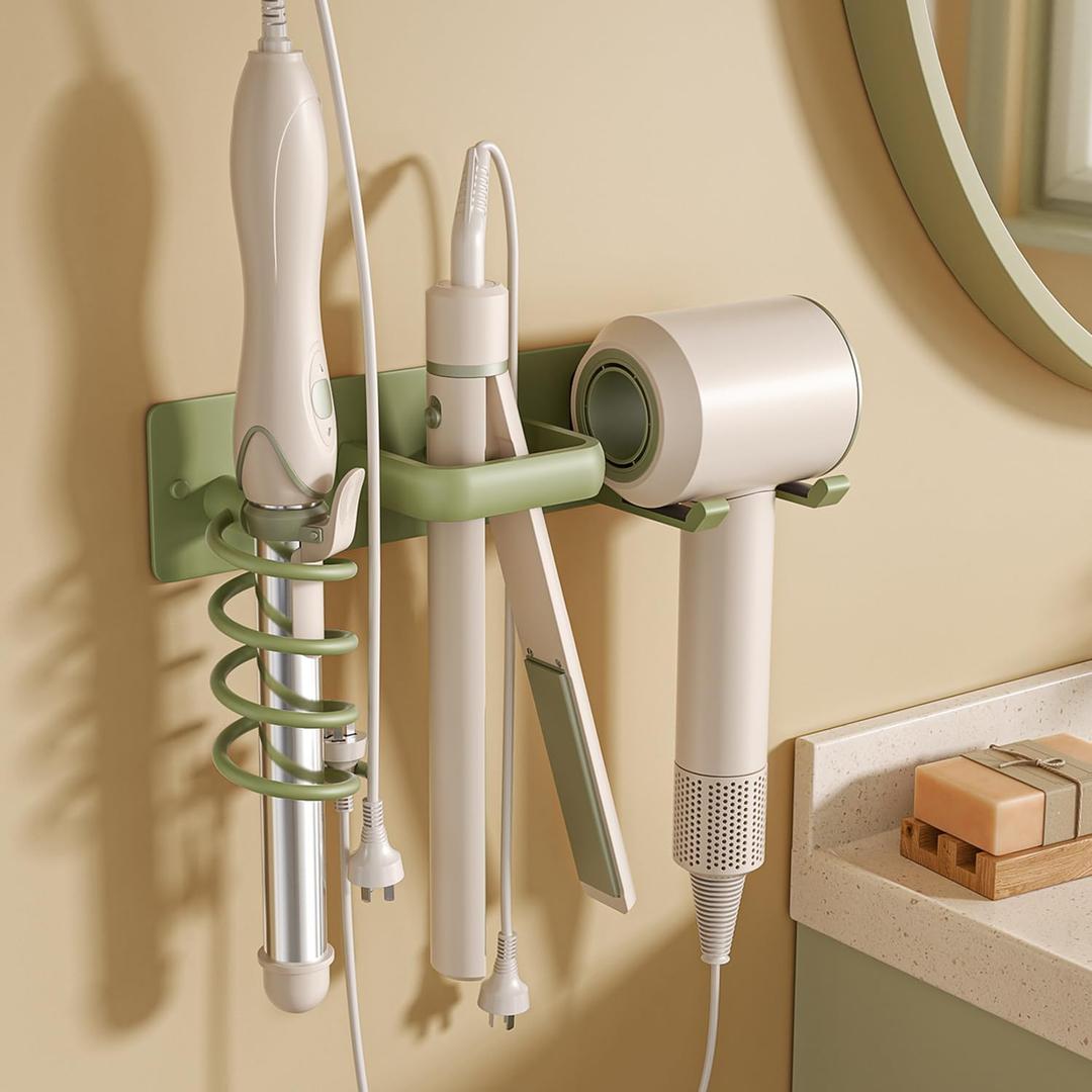 BSICPRO Hair Dryer Holder-3 in 1 Blow Dryer Holder-Metal Bathroom Hair Tool Organizer Wall Mounted-Bathroom Organizer for Hairdryer Curling Iron Flat Iron (Sage)