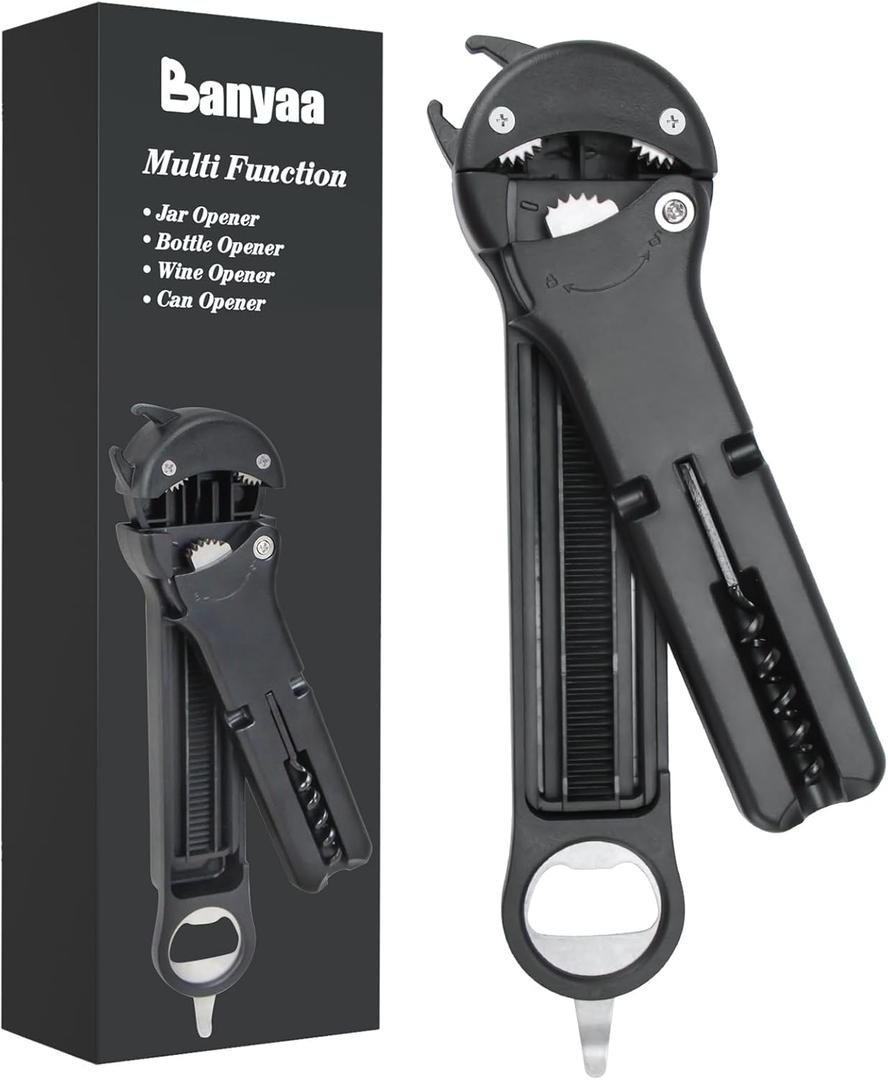 7 in 1 Jar Opener Bottle Opener and Wine Opener for Seniors with Arthritis, Weak Hands, Multi Retractable Magnetic Can Opener, Original Kitchen Lid Opener Tool (Black)