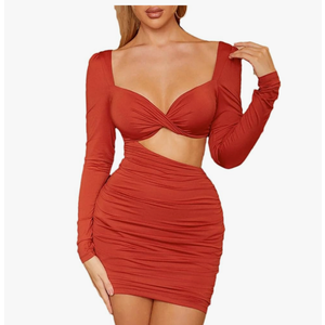 Women's Cut Out Backless Bodycon Mini Dress Long-Sleeved Party Dresses Club Outfits, Large, Red 