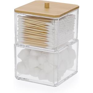 Hipiwe Clear Q-tip Dispenser Holder Acrylic Bathroom Containers 2-Tier Square Apothecary Jar with Lid Canister Cotton Swab and Ball Holder Vanity Storage Organizer for Cotton Round and Pads, Floss