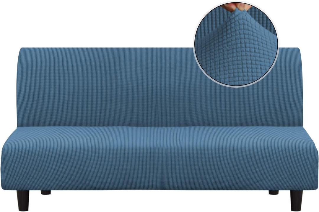 Turquoize Stretch Futon Cover Armless Sofa Cover Sofa Bed Slipcover Futon Couch Cover Furniture Protector with Elastic Bottom Feature Thick Soft Checked Jacquard Fabric, Dusty Blue