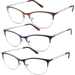 3 Pack Reading Glasses Women Blue Light Blocking Metal Computer Spring Hinge Readers (Black Brown and Blue)
