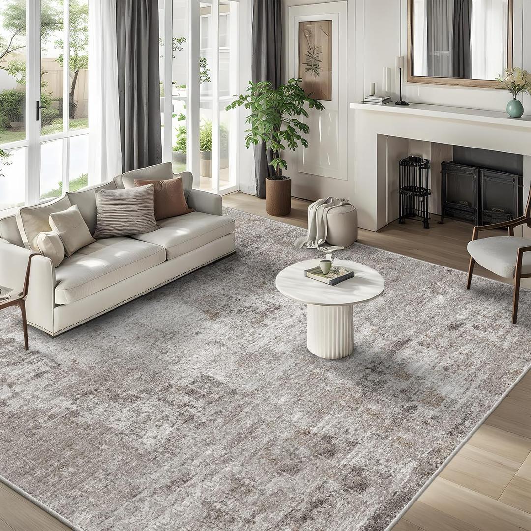 10x10 ft Square Living Room Rug  Washable Modern Abstract Area Rug for Bedroom, Dining Room, Playroom  Neutral Non-Slip Low-Pile Thin Indoor Carpet (Beige Grey)