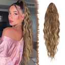FESHFEN Ponytail Extensions - 26 inch Drawstring Long Curly Wavy Clip in Ponytails Synthetic Hair Piece Pony Tail Hairpieces for Women, Light Brown & Blonde