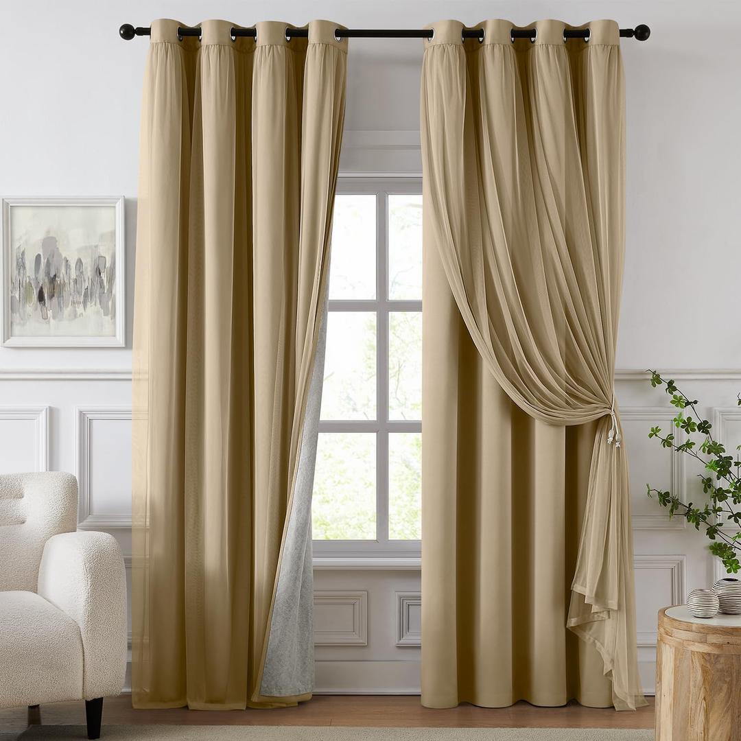 100% Blackout Curtains for Bedroom, Double Layer Khaki Curtains, Black Out Curtain 84 inch Long with Sheer Overlay for Living Room, Room Darkening Window Drapes with Grommet, 52" W x 84" L
