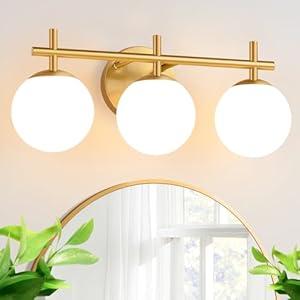 3-Light Bathroom Light Fixtures, Brushed Gold Vanity Lights for Bathroom with Milky White Glass Ball Shades, 18.9 inch Bathroom Lighting Fixtures Over Mirror, Wall Sconce for Bedroom (Exclude G9 Bulb)
