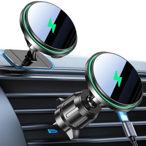 Coolpow for 15W MagSafe Car Mount ChargerStrongest Magnetic Magnetic Wireless Cars Charger,Magnetic Phone Holder for Cars,Phone Holders for Your Car Charger for iPhone 17 Pro Max 16 15 14