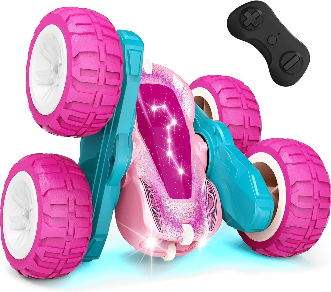 Tecnock Pink Remote Control Car for Girls and Boys, 2.4GHz RC Cars with USB-C Easy Charging, 4WD Double Sided 360 Rotates and Flips RC Stunt Car, Toys Gift for Kids Ages 6-8, 8-12