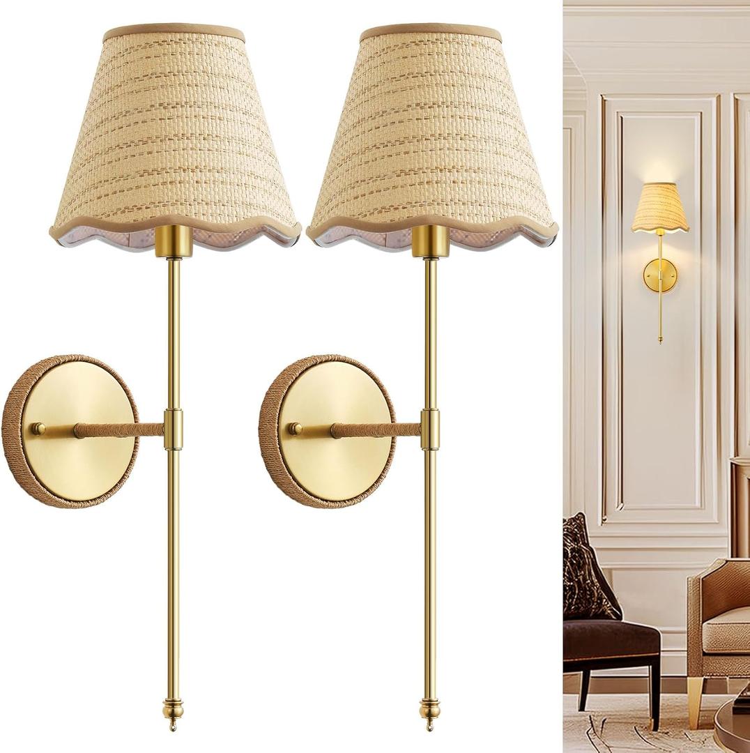 Giutna Natural Rattan Wall Sconces Set of 2, Boho HandWoven Wall Mounted Light Fixture Decor with Rattan Lampshade Sconces for Home Bedroom Living Room Hallway Kitchen Stairs (Gold)