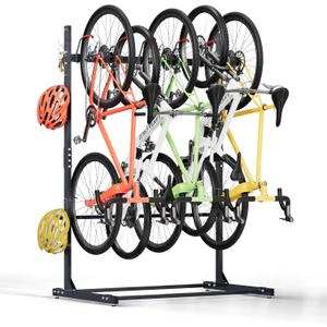 Freestanding 5 Bikes Stand w/Upgrade Hooks, 52" Heavy Duty Garage Vertical Storage Rack for Storage, Bike Floor Stand Indoor Outdoor Bicycle Organizer