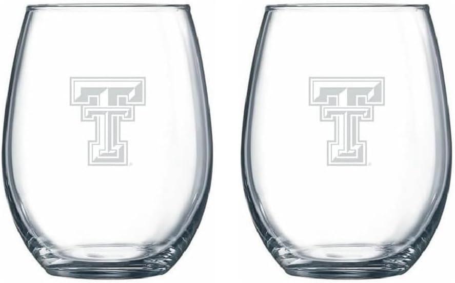Texas Tech Red Raiders Stemless Wine Glass Set Officially Licensed Satin Frost Team Logo Clear Beverage Glasses Heavy-Duty Glass Made in USA Set of Two, 15 oz
