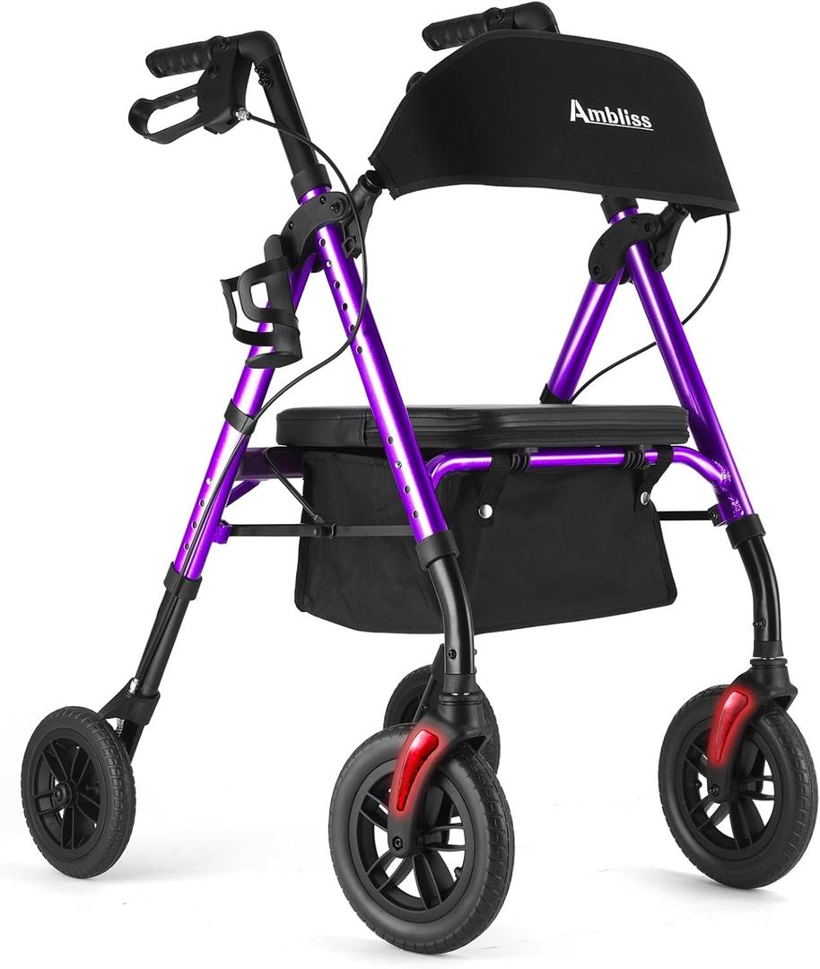 Ambliss Lightweight Folding Rollator Walker for Seniors with Seat, 10" All-Terrain Non-Pneumatic Wheels, Wide Padded Seat & Breathable Backrest, Adjustable Height 5'2"-6'7", 300 lbs Capacity (Purple)