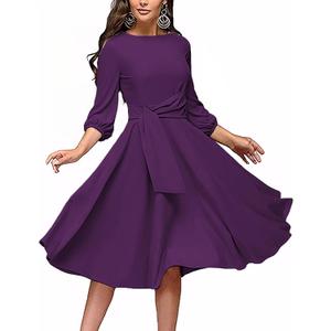 FENJAR Women's Formal Dresses Casual Wedding Guest Church Work Elegance Audrey Hepburn Style A-line Midi Dress(P-Purple-M)