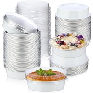 Yinder 120 Pcs 8 oz Disposable Mini Pie Tins with Lids Aluminum Ramekins Foil Pie Pans Egg Tart Cake Baking Pans Individual Round Containers Heat Resistant Oven Safe for Party, Gift (White)