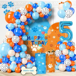 2 x Blue Dog Balloons Arch Garland Kit, 5th Birthday Party Decorations, DIY Blue Orange Nude White Dog Paw Print Balloons for Boys Girls Baby Shower Party Supplies