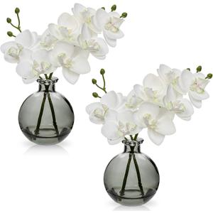 White Orchids Artificial Flowers Faux Orchid Arrangement with Black Glass Vase Set of 2 Real Touch Phalaenopsis Orchid Flowers Orchid Centerpiece for Dining Room Table