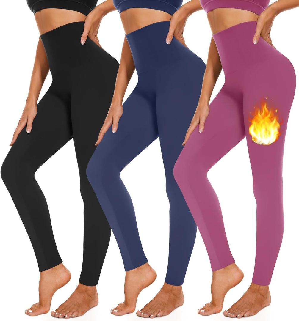 3 Pack Fleece Lined Leggings Women High Waisted Warm Winter Yoga Pants for Women Thermal Running Workout Leggings, Large-X-Large, Black/Navy/Dark Pink