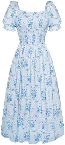 Scarlet Darkness Women's Cottagecore Dress Puff Sleeve Square Neck Flowy Smocked Maxi Dress L
