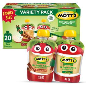 Mott's No Sugar Added Applesauce Variety Pack, Cinnamon and Apple, Made from Real Fruit, No Artificial Flavors, 3.2 Oz Clear Pouches, 20 Pack (EXP 01/22/26)