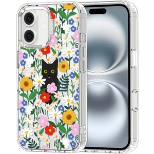 MOSNOVO Case for iPhone 16, [Buffertech 6.6ft Military-Grade Drop Protection] [Anti Peel Off Tech] Clear TPU Bumper Phone Case Cover Design - Black Cat in Garden