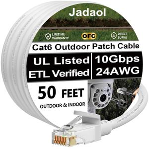 Cat 6 Outdoor Ethernet Cable 50 ft, Support Cat8/7 Network, 10Gbps 550MHz, 24AWG Pure Copper, Direct Burial Waterproof In-Ground UV Resistant LAN Internet Patch Cable for Router, Modem, Switch, White