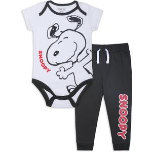 Peanuts Snoopy Boys Short Sleeve Bodysuit and Pants Set for Newborn and Infants (White)