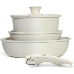 5PCS Pots and Pans Set Non Stick, Kitchen Cookware Sets with Detachable Handle, Induction Cookware Sets, Non Stick RV Cookware Cooking Set, Dishwasher  Oven Safe, PFOA Free, Cream White