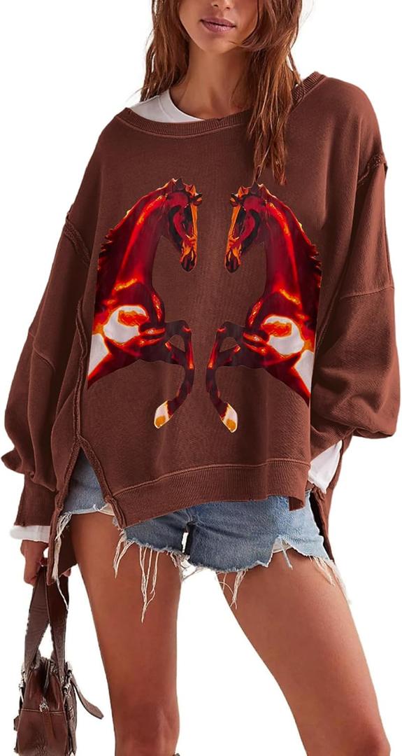 TERIVEEK Graphic Horse Sweatshirt Women Oversized Crewneck Vintage Aesthetic Shirts Tops Y2k Drop Shoulder Pullover Sweater Brown (Brown, S)