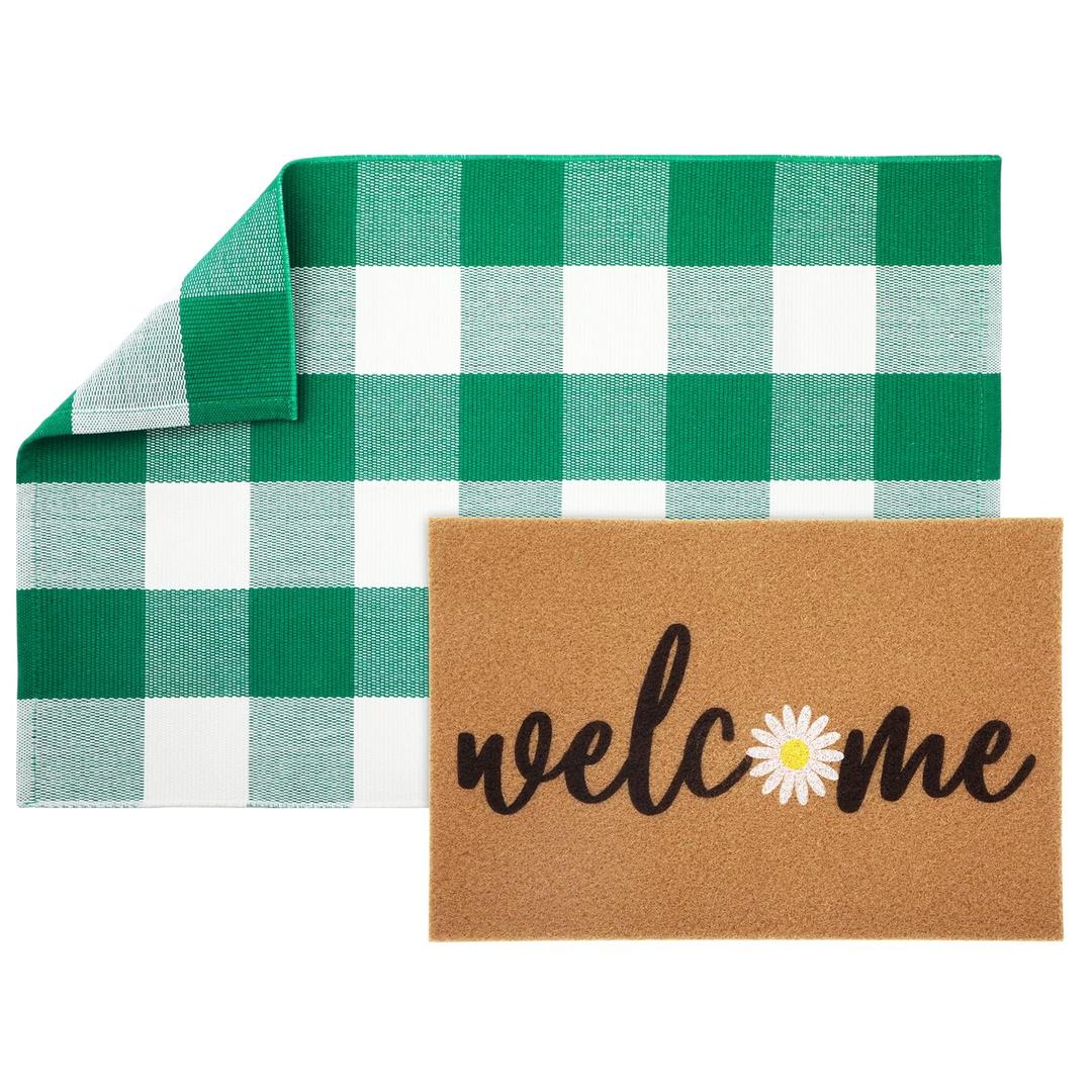 Maasechs 2 Pcs Outdoor Door Mat Combo Set Layered Outdoor Rug and Coir Welcome Doormat Non Slip Outside Floor Mat for Front Porch Entryway Patio Yard Decor(Green Daisy,24'' X 35'',24'' X 16'')