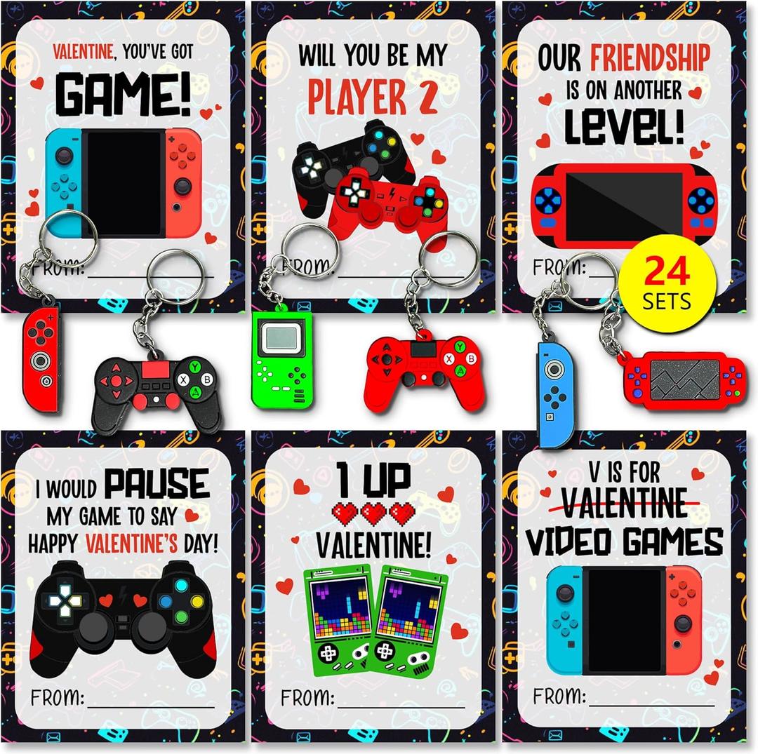 3 x Valentines Day Gifts for Kids Classroom Video Game Keychain, Funny Keyrings with Cards for School Exchange, 24 Sets (Black)