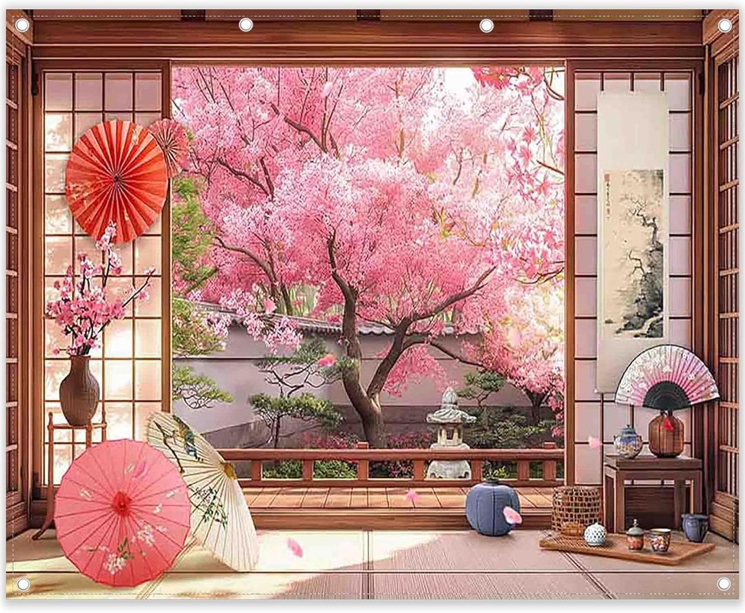 10x8ft Fabric Spring Cherry Blossoms Backdrop Japanese Sakura Garden Photography Background Room Courtyard Indoor Party Decorations Photo Banner Props