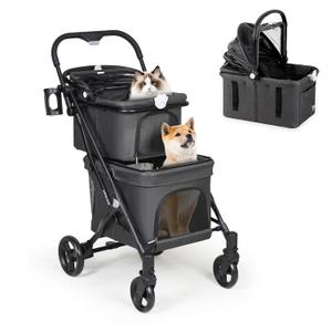 T1 Double Pet Stroller for 2 Small Dogs or Cats, Lightweight Foldable Double Cat Stroller with Detachable Carrier (Black)